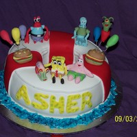 Spongebob Life Raft butter cake 9inch covered in choc ganache and RTR icing all fondant figures handmade and the waster is fondant covered in blue pipeing gel...