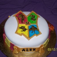Harry Potter Crest 9inch choc mud cake with choc ganche covered in RTR icing ( fondant ) and fondant decorations crest figures are liquorice covered in gold...