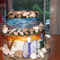 Woodland Themed Cake this is my first cake that I painted on fondant and made figures for the first time. Also made the mushrooms out of meringue