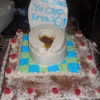 Its All Crap After 30 Whit cake with buttercream icing abd a mr big for the poop, on top of a traditional black forest cake