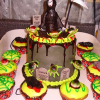 Grimreaper Rice crispy reaper. German chocolate cake with fudge and caramel filling. Cream cheese frosting.