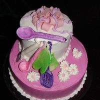 "kitchen" Shower Cake Made this for a kitchen shower at church. Buttercream icing with fondant/gumpaste utincels and bow.