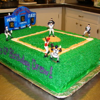Baseball Cake Chocolate cake, vanilla buttercream frosting and marshmallow fondant. Scoreboard made of fondant. Plastic baseball players.