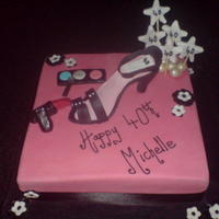 40Th Birthday Cake Chocolate cake covered with fondont and edible shoe, lipstick, eyeshadow and stars