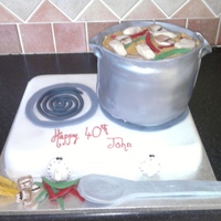 40Th Birthday Cake For A Chef Chocolate Biscuit cake as the tier thats the cooker , and the pot is maderia cake covered in fondont, All veg and chicken and spoon are...