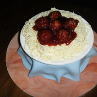 Spaghetti And Meatballs the cake is madeira cake the table cloth and plate is fondant the spaghetti is cocoform and the meatballs are chocolate and the sauce is...