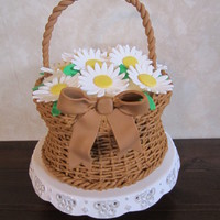 Spring Flower Basket Carved cake with gumpaste/fondant flowers, bow and handle