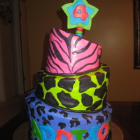 Topsy Turvy Neon Animal Print This cake is my 2nd topsy turvy but first 3 tier one. Its neon animal print for a little 4 year old girl that is having a rockstar party...
