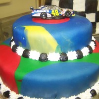 Foundant Nascar Cake wanted to do a cake with foundant bought a small box of already colored fondant and this is what i got ... it was a last minute cake...