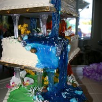 50Th Anniv. Hawaiian Theme My first tiered cake. Parent's 50th Anniv. Buttercream, silk flowers. Water created by covering blue veil fabric with blue gel, pinned...