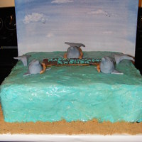 Dolphin Themed Cake 14 in. square cake. Covered in blue/green buttercream and piping gel. Brown sugar around edges. Painted canvas to look like the sky...