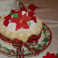 Christmas Cake Chocolate layer cake with Kahlua and cream filling and whipped cream. Fondant and gum paste poinsettias and roses.