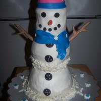 Snowman This cake was requested as a birthday cake for an 88th birthday! The cake is 3 layers white cake covered in BC and MMF. The "hat&quot...