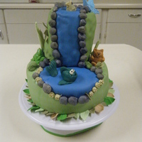 My Happy Place YASC cake covered in MMF. Top layer is RKT covered in MMF. Gumpaste and Fondant decorations. Made for cake class, for fun really.