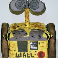 Wall-E For My Niece Head is styrofoam on a large dowel stuck through cake. Wheels are RKT, all covered with MMF.