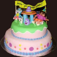 Dora The Explorer this was my first attempt at a 2 tier cake. unfortunately my 2nd tier came out too small so i just stacked it on top. i didn't feel i...