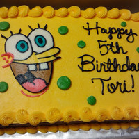 Spongebob Birthday Chocolate cake with chocolate icing. I used a buttercream transfer for the top vanilla layer of yellow icing and for Spongebob. Thanks for...