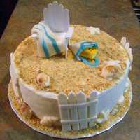 Beach Cake Chocolate cake with vanilla buttercream icing. Shells are white and dark chocolate. All other accents are fondant except for the beach...