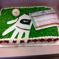 Perfect Birthday Chocolate cake with vanilla buttercream frosting based on other CC cakes. Golf ball is white chocolate. All other decorations are fondant....