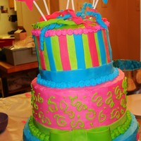 Birthday Cake 3 Tier Strawberry cake with whipping cream frosting and fondant accents.