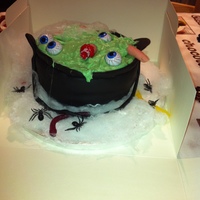 Cauldren maderia cake shaped into a cauldren with green butter icing for witch's brew, eyeballs, severed fingers, spiders, cobwebs and jelly...