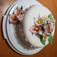 First Fondant Cake - Wilton Course Iii First fondant (MMF) covered cake, with gumpaste calla lily spray.
