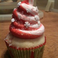 White Chocolate Peppermint White chocolate WASC cake with peppermint baking pieces and white chocolate swirl buttercream.