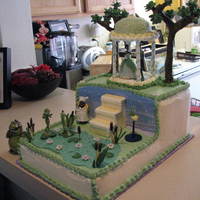 Princess Tiana Cake chocolate cake iced w/IMBC. all decorations except for licensed charachters are made of gumpaste. Took this picture as an after thought as...