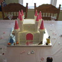 Princess Castle Cake MMF covered cake wih sugar coated ice cream cone turrets. All except the actual princesses are edible. Other figures were hand sculpted...