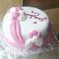 Pink And White Round Cake Fruit cake iced and decorated with plastic icing, my first plastic iced cake.