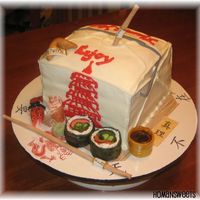Sushi Chinese Take Out fondant sushi, chop sticks, fortune cookie, sauce cup...I didnt carve the cake to be exactly proportationate but I think it looks ok :)