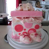 Baby Shower Cake strawberry cake with whip cream and strawberry filling; all buttercream with fondant accents; baby booties made from fondant