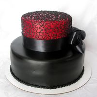 Red & Black This cake was cherry chip with BC filling. The top layer was covered in fondant and airbrushed red with black piping. The bottom layer was...