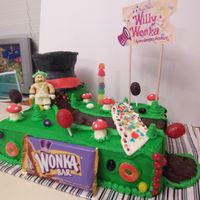 Willie Wonka And The Chocolate Factory Cake is chocolate/vanilla swirl with buttercream icing. The river is chocolate pudding. The bridge, wonka hat, mushrooms and umpa lumpa are...