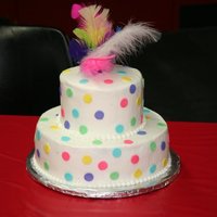 Feathers & Polka Dots 2 layer chocolate cake with twinkie filling, buttercream icing, fondant polka dots,
