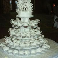 First Wedding Cake The bride wanted a non-traditional winter theme cake for her January wedding. I created tiers of cupcakes baked in silver papers, iced in...