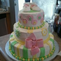 Yellow And Green my cousins baby shower cake. all white cake, bottom tier has lemon filling, middle has raspberry filling, top has strawberry filling. iced...