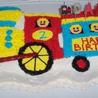 Choo Choo!! I made this cake using a train shaped baking pan with buttercream icing for decorating. For the people's heads I used Necco wafers.