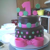 Pink And Green Polka Dots Choc MMF covering a German Choc cake with Cream cheese buttercream. Fondant accents.