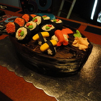 Sushi Boat Cake This is a cake I did for my husbands birthday party.The sushi pieces are made from cake dipped in the wilton candy coatings and decorated...