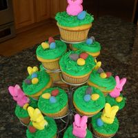 Easter Cupcakes! Easter cupcakes. Yellow cake with buttercream icing. I added some coconut that I dyed green to the tops and the decorations are Peeps and...