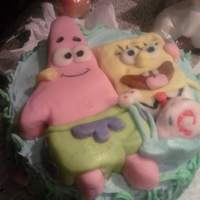 Sponge Bob And Friends Chocolate cake with carved brownie characters, covered in rolled butter-cream fondant