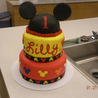 1St Birthday Cake Customer wanted primary colors and mickey mouse. Had free range. Made mmf using this sites recipe...worked great