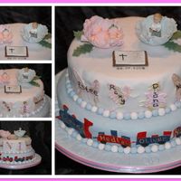 Sibling Christening Can you tell I like mosaic pictures!!Christening cake for a brother and sister aged 2 and 6 months respectively. Vanilla sponge on bottom...