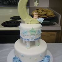 Andrea's Cake 6" & 10" cakes, fondant covered. Moon is styrofoam covered in fondant & painted with sparkle dust, baby, booties, stars &...