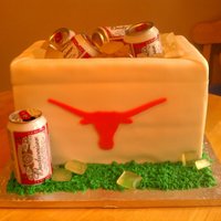 Jason A groom's cake I made for my cousin's wedding. Texas Longhorns themed! The ice is sugar, the cans are real.