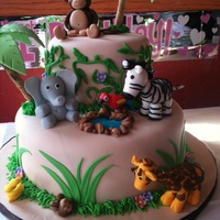 Jungle Birthday Chocolate cake, buttercream with mmf. Figures mmf/gumpaste. First time attempting modeling.
