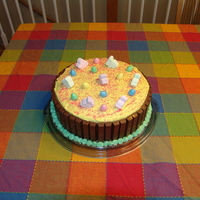 Easter/spring Cake I made this cake for Easter. It is covered in buttercream frosting, marshmallow bunnies, Reese's eggs, and Kit Kats around the edge....