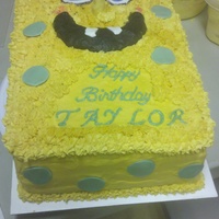 Spongebob 1st Spongebob cake. Covered in BC. Eyes, nose, "bubbles" and teeth are fondant, and mouth is chocolate molding clay. TFL!