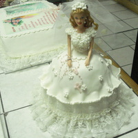 Doll Cake Barbie doll cake pan used to make a First Communion cake. Plain Pound cake covered with rolled surger paste